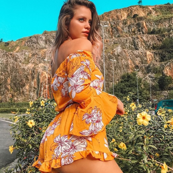 Pants - Floral print Off the shoulder romper